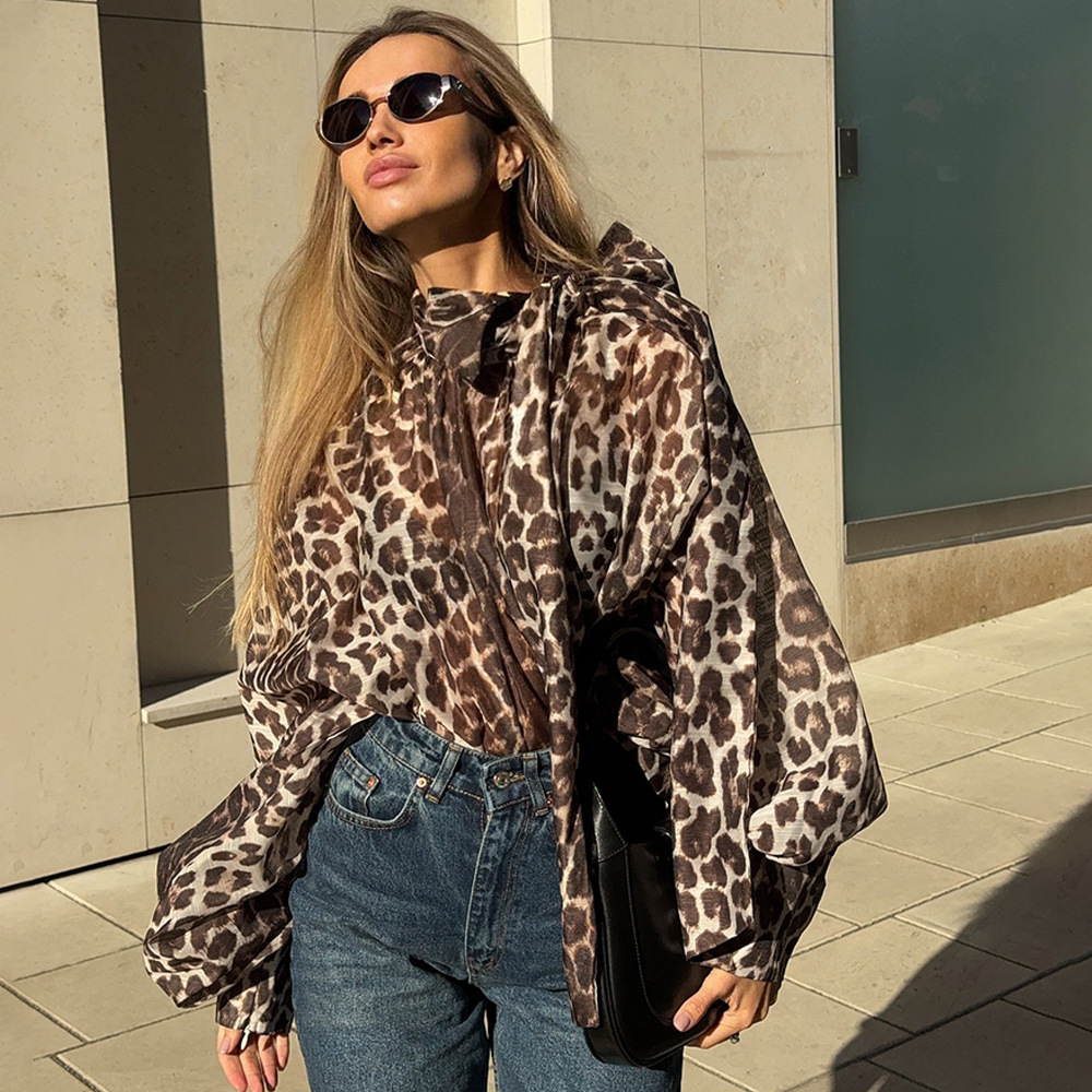 Cross-Border 2024 Spring and Autum European and American New Women's Fashion Sexy Leopard Print Lace-Up Long-Sleeved Printed Women's Shirts Trendy