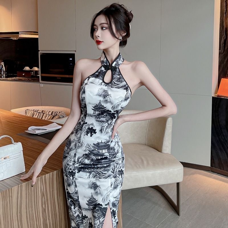 High-end Retro Elegant Elegant Split Ink Printing Slim-fit Improved Shoulder-cutting Cheongsam Sheath Slimming dress