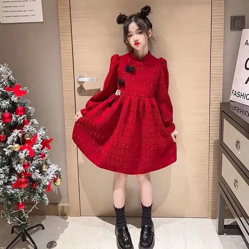Girls Velvet Dress Winter Chinese New Year Cheongsam Dress Children's Princess Red New Year Dress