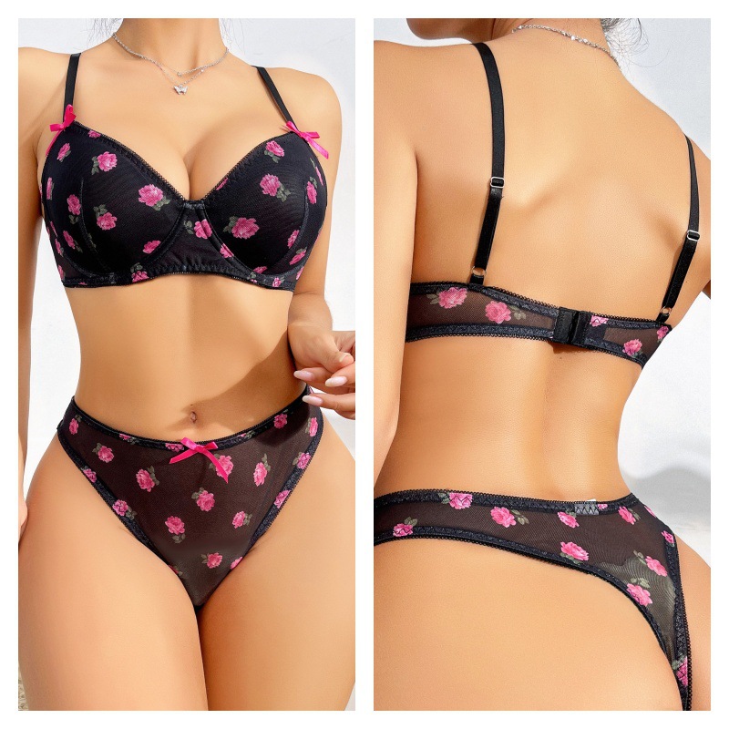 New European and American fashionable floral swimsuit women's suit steel bracket push up transparent suit sexy sexy lingerie two-piece suit