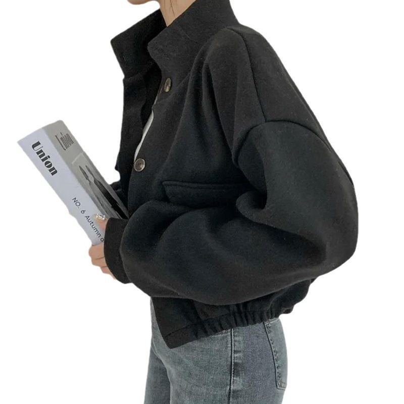 Picture of Internet celebrity cool handsome Korean style autumn and winter New stand collar niche short lazy style loose casual woolen woolen coat for women