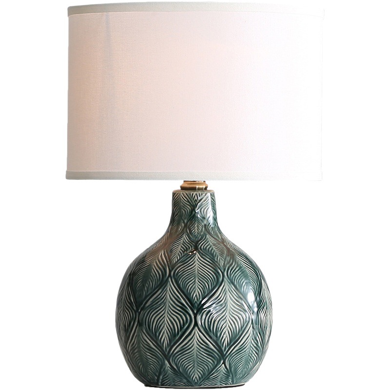 New Malachite Green Feather Pattern Ceramic Table Lamp Bedroom Bedside Lamp Accessible Luxury American Living Room Study Led Table Lamp