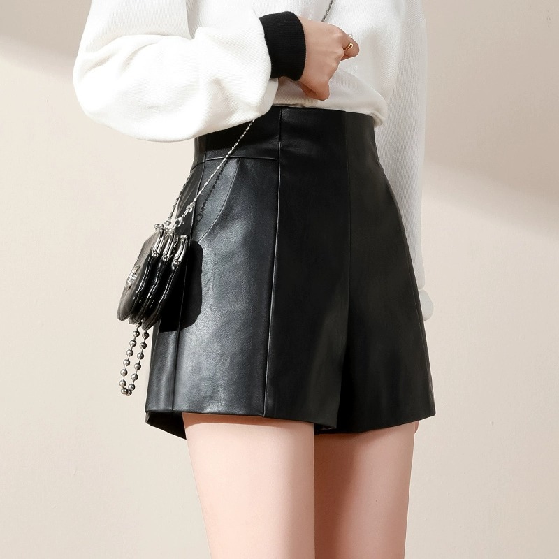 Nick West leather pants shorts women's autumn and winter 2023 new high waist A- line slimming wide leg pants outer wear black boot pants