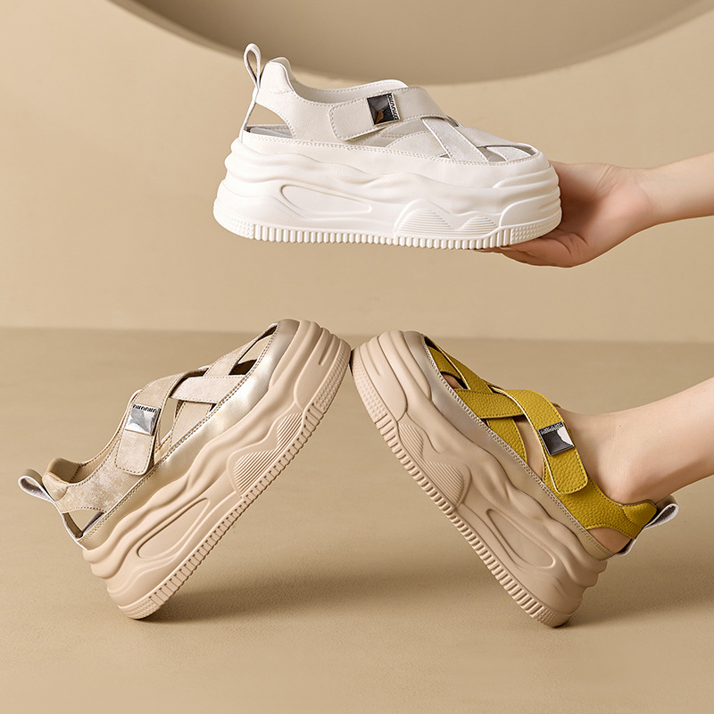 Genuine Leather Sandals Women's 2024 Summer Outwear Toe Roman Casual Platform Piggy Cage Shoes Woven Sports Ins Fashion