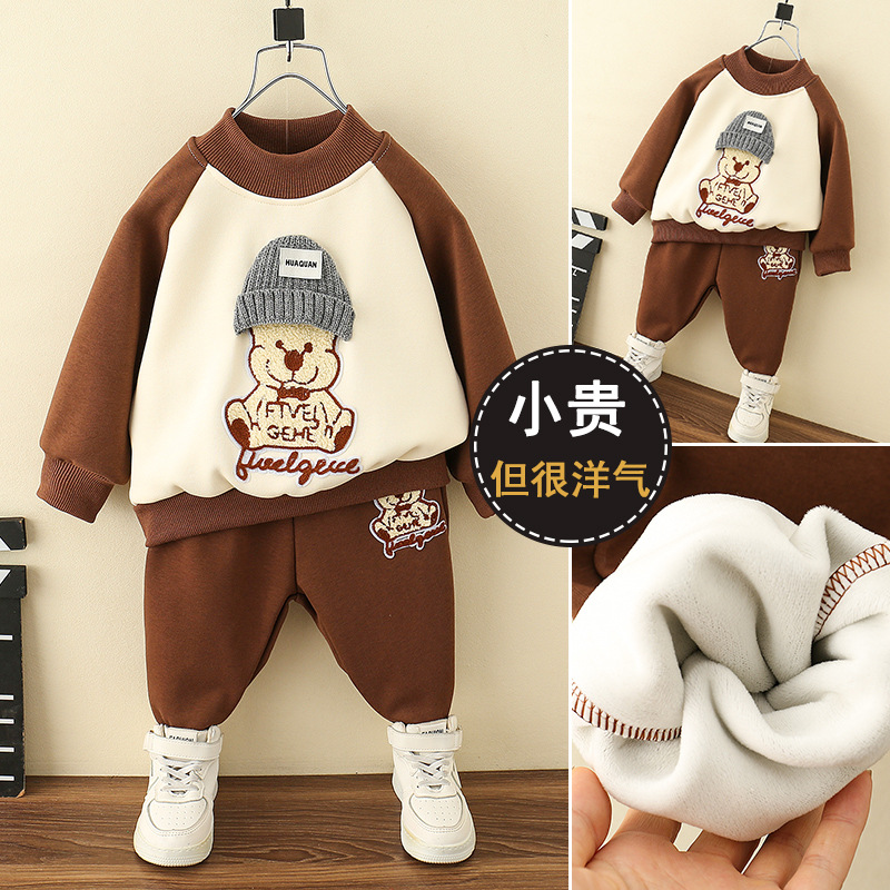 Autumn and Winter Boys' Suit Fleece-Lined and Thickeneding for Kidsren and Middle-Aged Kidsren All-In-One Velvet Cartoon Sweatshirt Kidsren's Warm Sportswear Two-Piece Set
