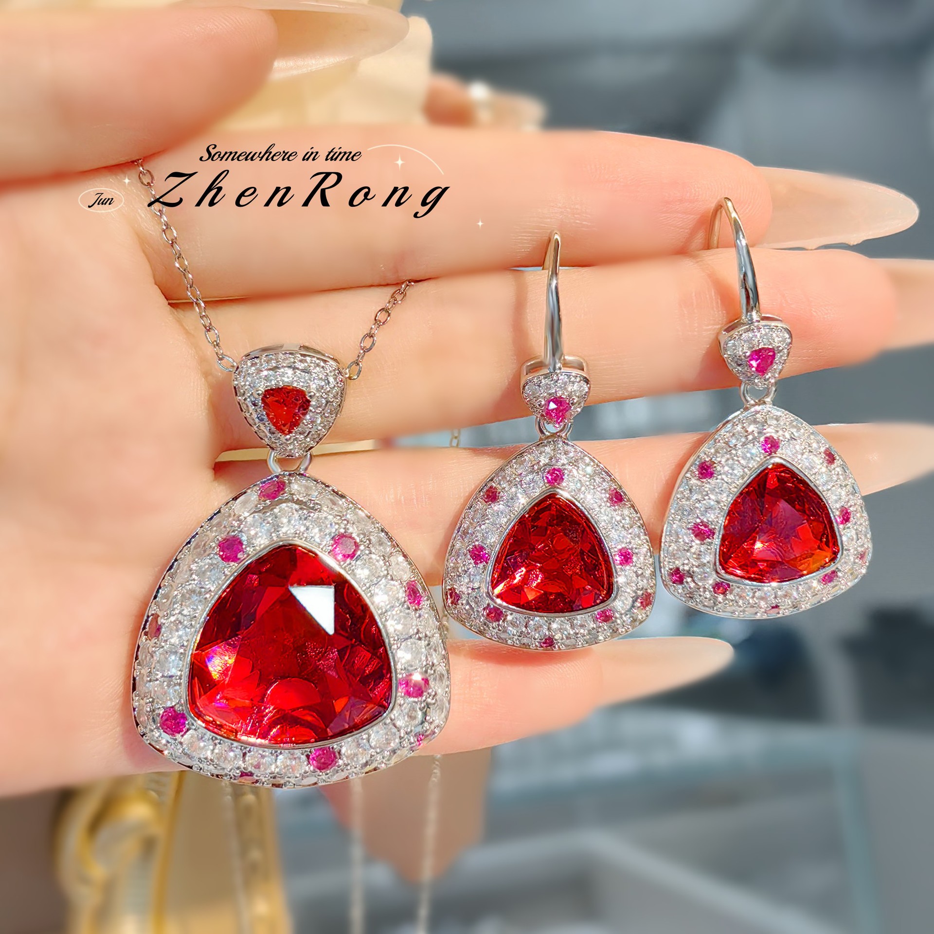 European and American socialite retro geometric fat triangle red diamond earrings artificial pigeon hemoglobin ring color treasure earrings suit