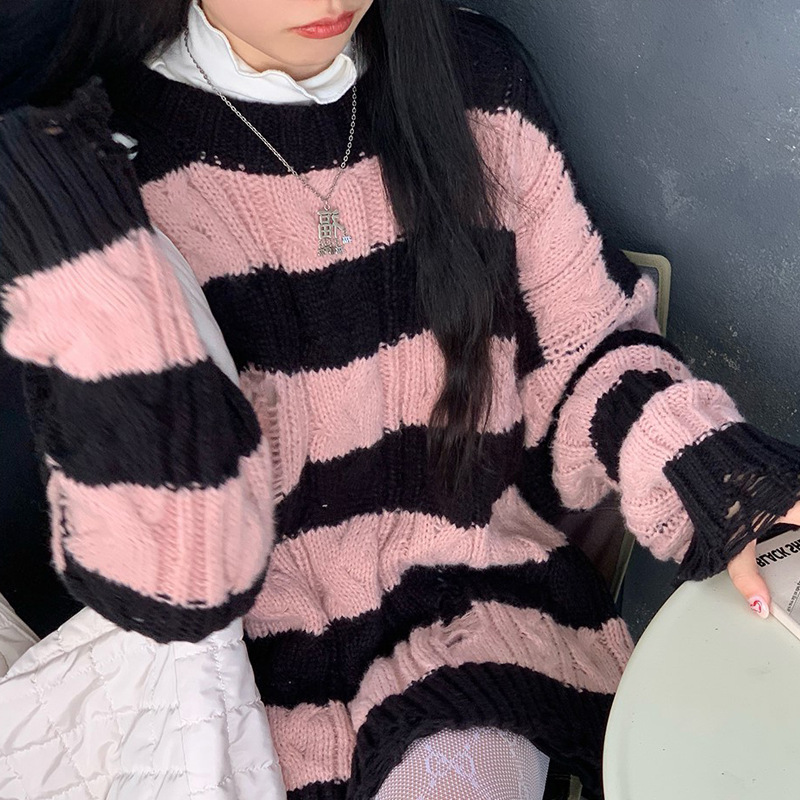 Picture of Pink Striped Loose Lazy Hole First Love Sweater Women's Autumn and Winter Sweater Design Sense
