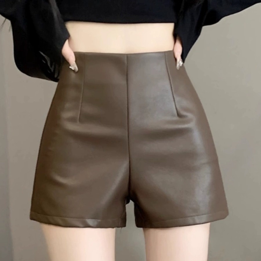 Autumn and Winter plus size chubby girl black wide-leg pants women's high waist outer wear slimming PU leather shorts A- line bottoming boot pants