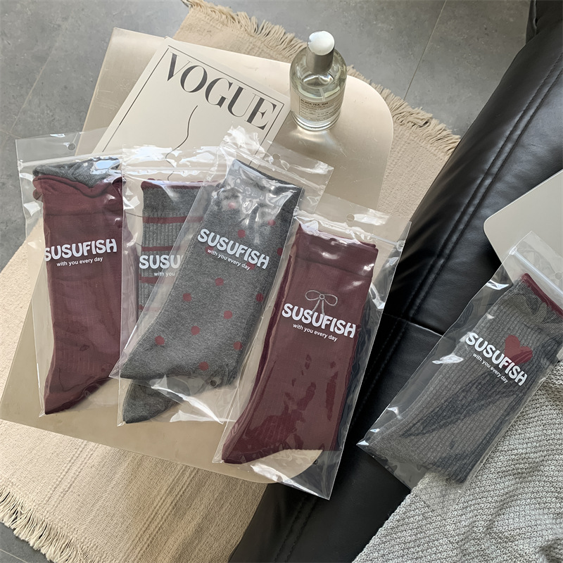 2024 Socks Women Autumn and Winter New Arrival Angray Style Ancora Red Bow Striped Cotton Mid-tube Socks