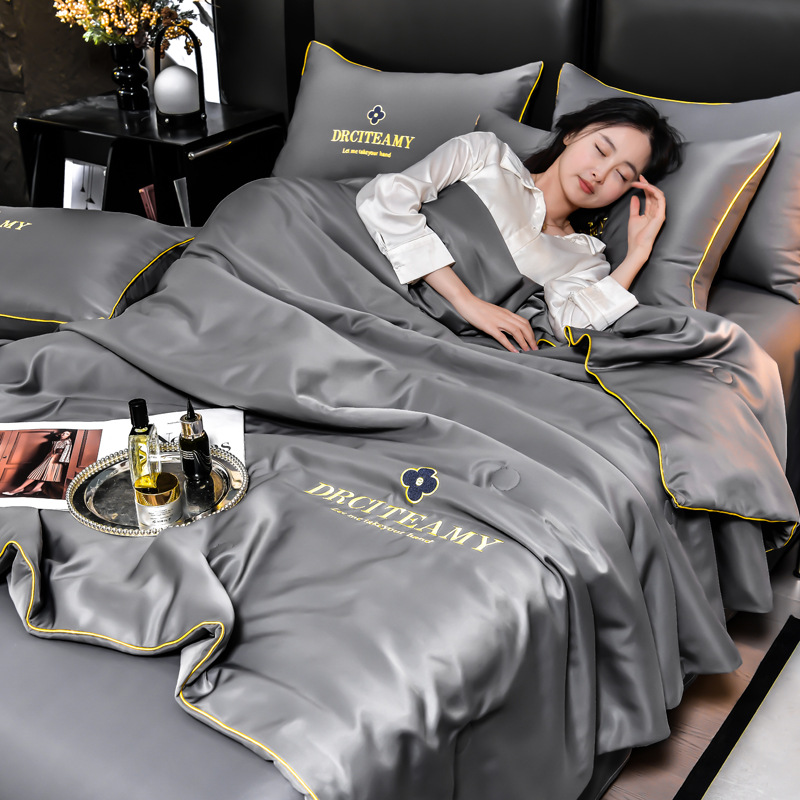 Picture of Class A Washed Ice Silk Summer Quilt Four-piece Set Summer Cool Quilt Nude Sleeping Embroidered Air-conditioning Quilt Cool Silk Summer Thin Quilt