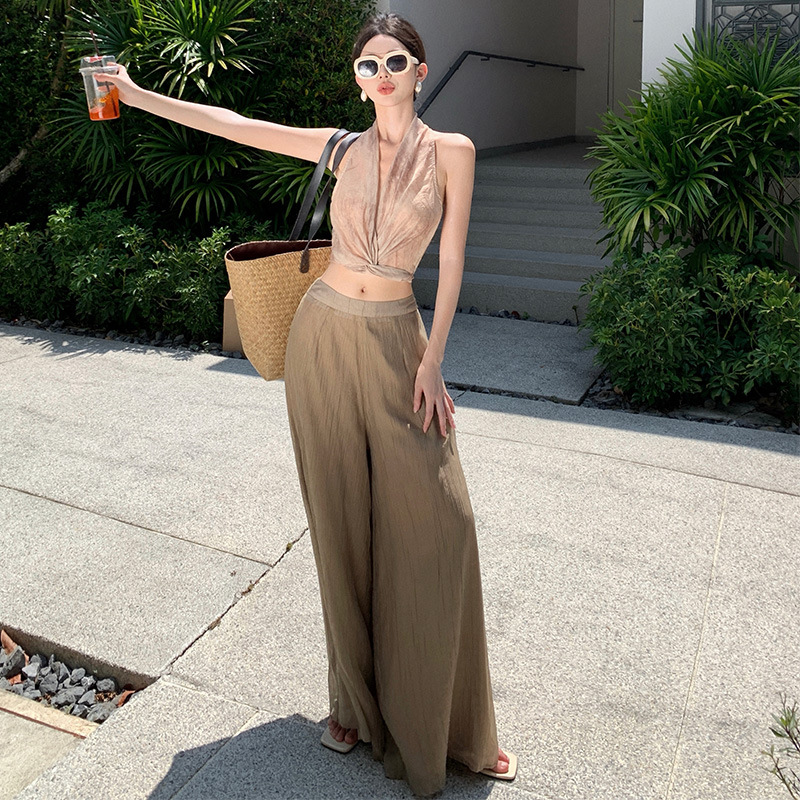 2024 Dipping Tencel Floating Culottes Lazy Style Casual High Waist Wide Leg Pants Hot Girl Top