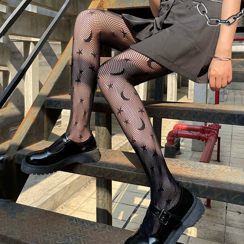 Spring and Summer Black Hollow-Out Moon Soft Girl Loli Pattern Fishnet Star Internet Celebrity Trendy Jk Stockings Thin Pantyhose