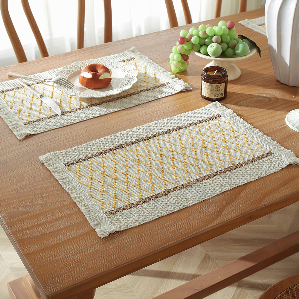 Picture of Amazon new cotton and hemp rope placemat holiday placemat woven color matching striped tassel bowl mat spot wholesale
