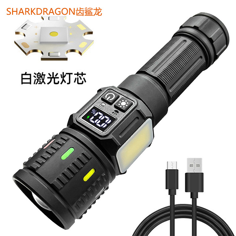 Cross-Border New White Laser Bright Flashlight USB Rechargeable Outdoor Zoom Digital Display with Side Light Led Flashlight