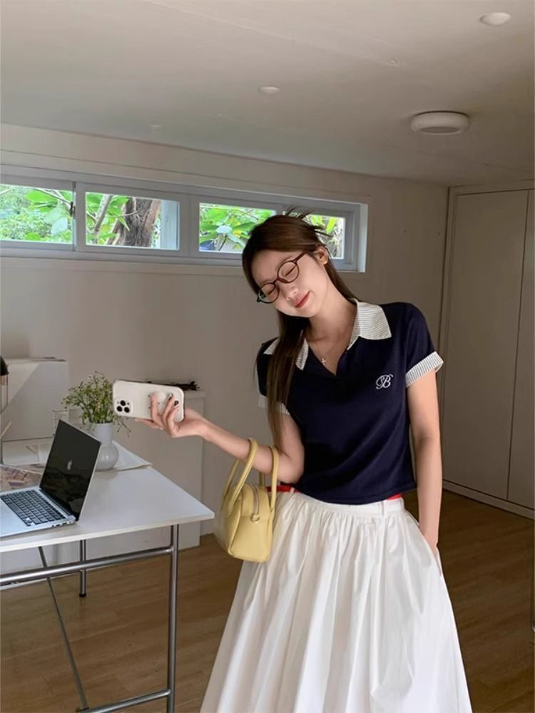 American Style College Style Polo Collar Short-sleeved T-shirt Women's Summer 2025 New Arrival Loose Slimming Inner Top for Small Men
