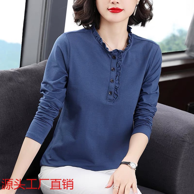 Plus size long-sleeved T-shirt 2023 autumn and winter new women's wooden ear collar mom loose stand collar western style top bottoming shirt