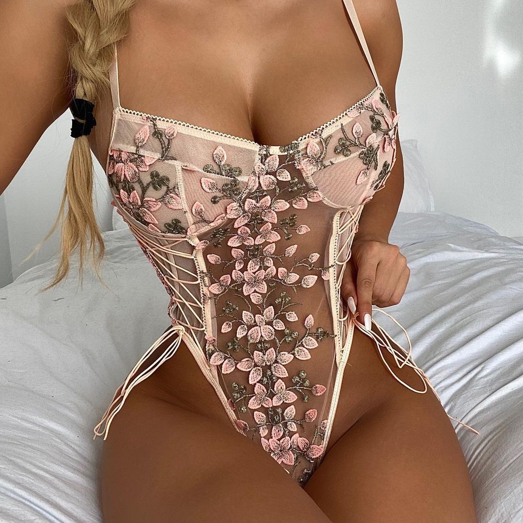 Europe and the United States cross-border hot-selling sexy underwear lace flower embroidery strap sexy perspective temptation jumpsuit in stock women