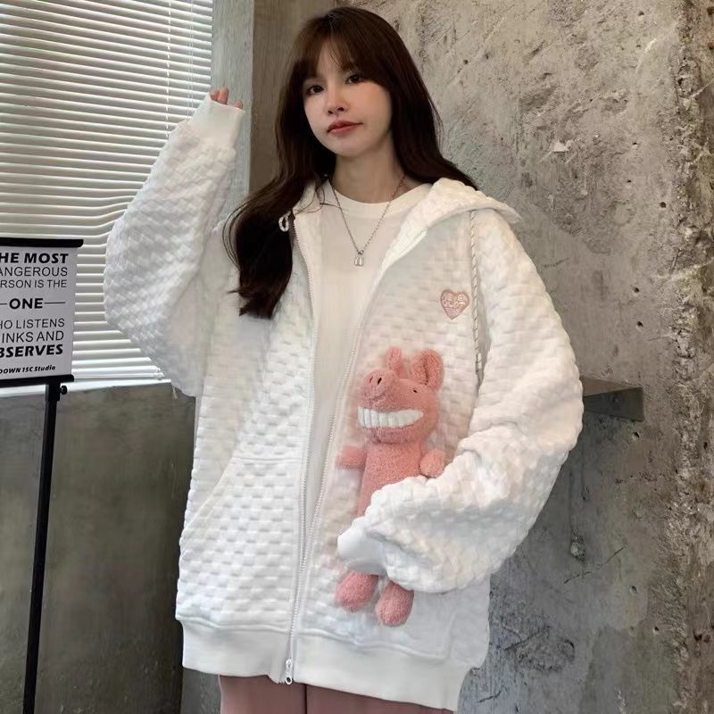 Picture of High Street Hiphop Waffle Heart Sweatshirt Women's Spring & Fall Loose Ins Lazy Style Thin Student Large Size Jacket