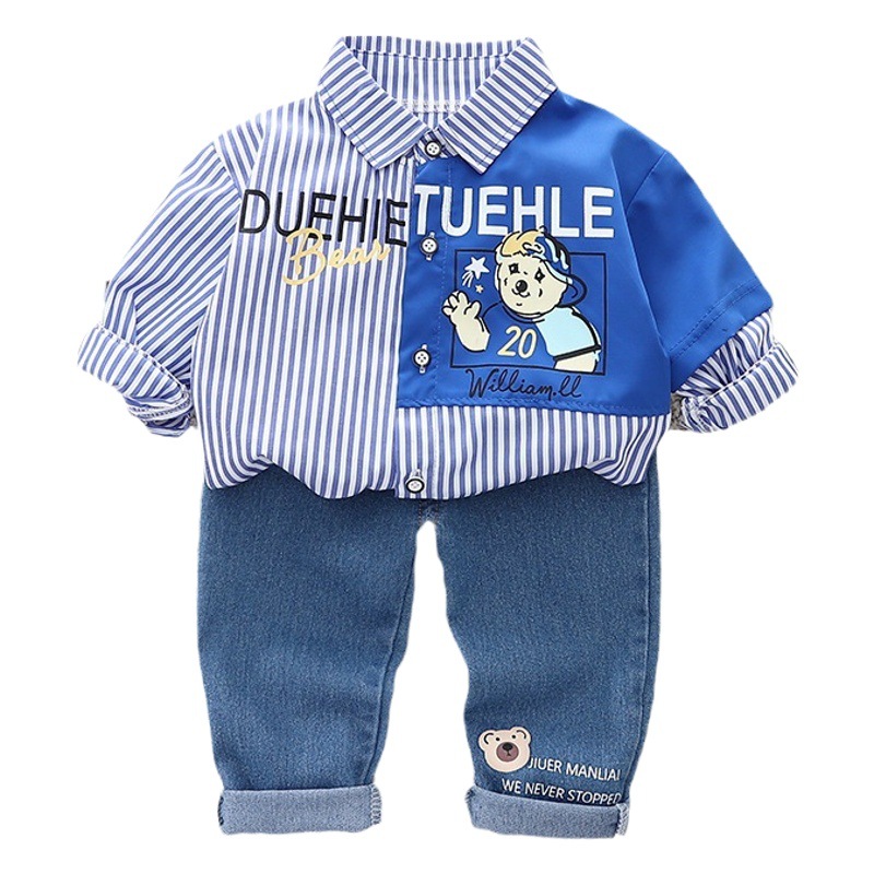 Boys' Spring and Autumn suit Baby Boys' Cartoon Bear Shirt Jeans Two-Piece Korean Style Baby Fashion