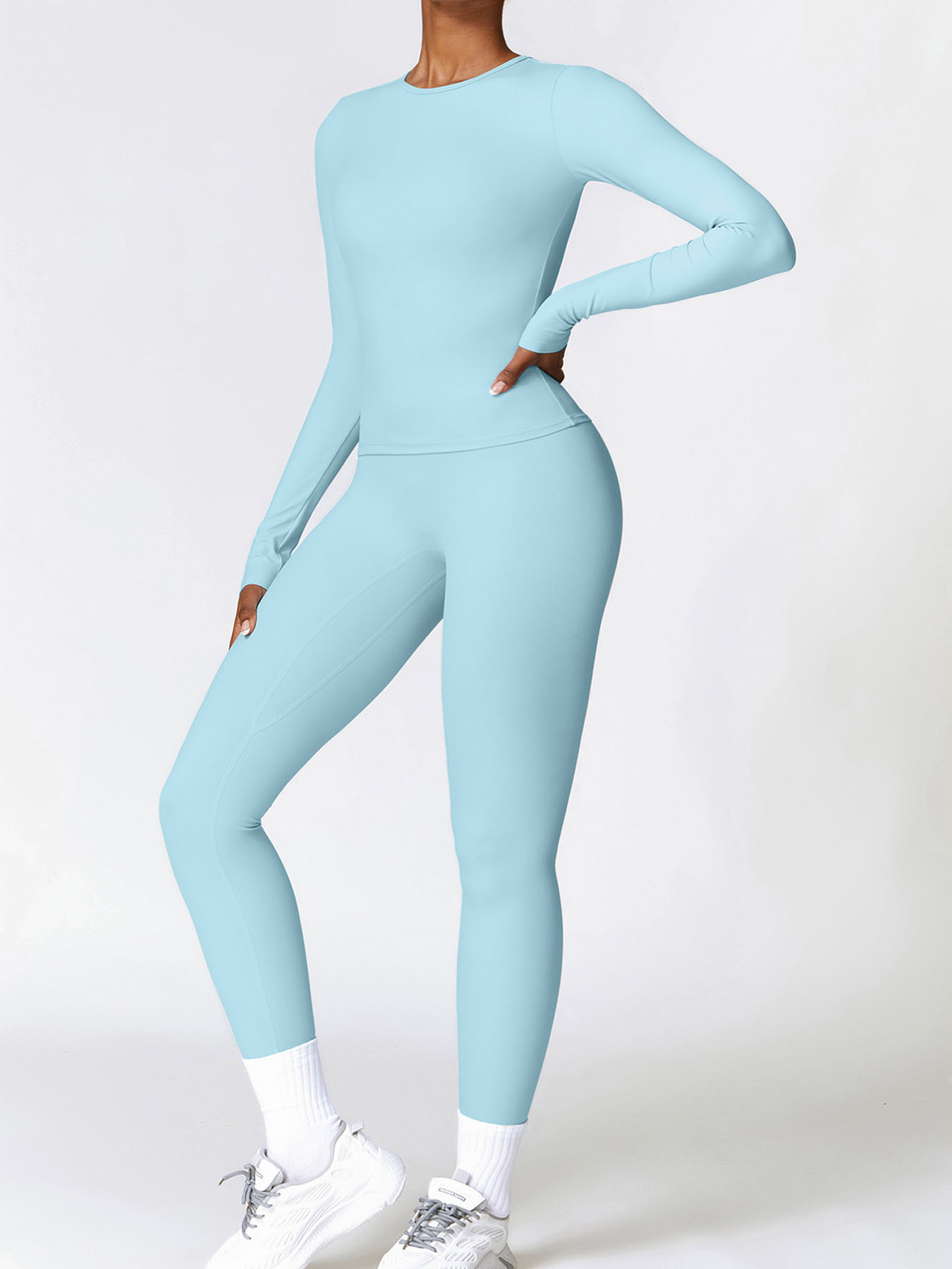 suit Autumn and Winter Sanding Long-sleeved Trousers Yoga Clothing Women's T-shirt Stretch Tight Fitness Pilates Running Sports Round