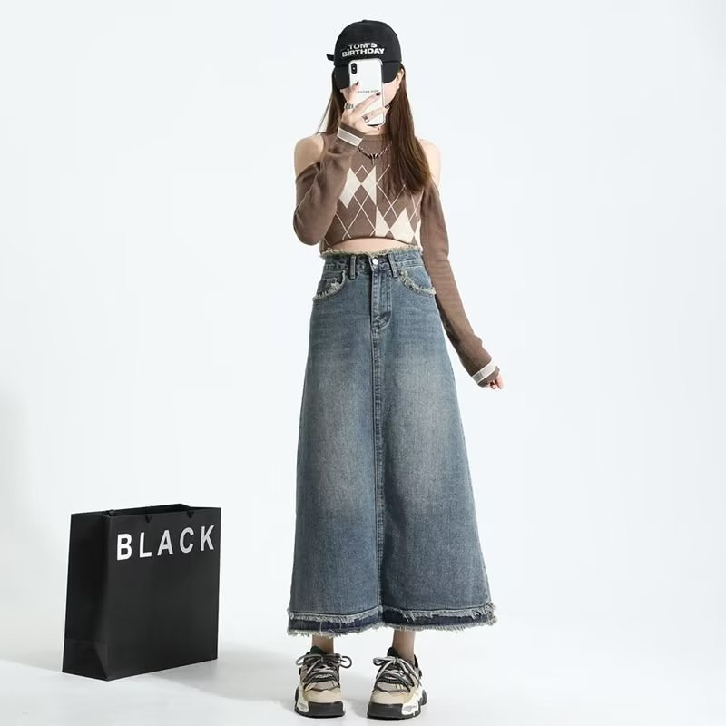 High Waist Denim Skirt Women's Slim Look Tall 2024 Autumn and Winter New All-Match A- Line Fur Midi Skirt Ins