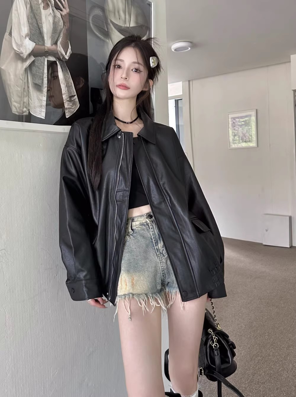 [Original Practice Interior] Leather Coat Women's 2024 Spring and Autumn Small Hong Kong Style Retro American Wallet
