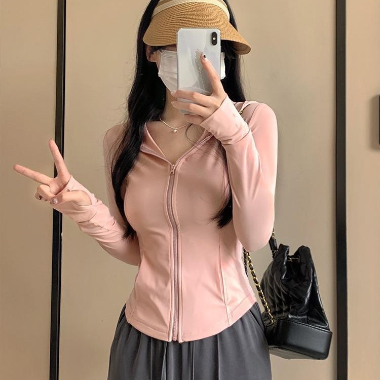 UPF50 Ice Silk Slim-fit Slimming Hooded Sun Protection Clothing Women's Lightweight Sports Zipper Sun Protection Clothing Cardigan Short Jacket