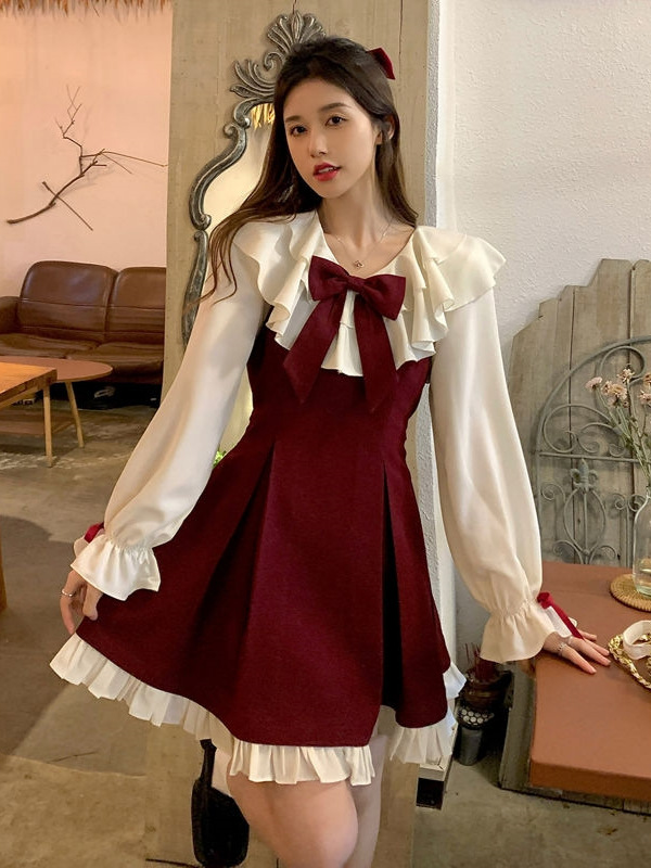 French Style Sweet Bow Long-sleeved dress Women's Autumn Design Sense Elegant Tight Waist Short Skirt