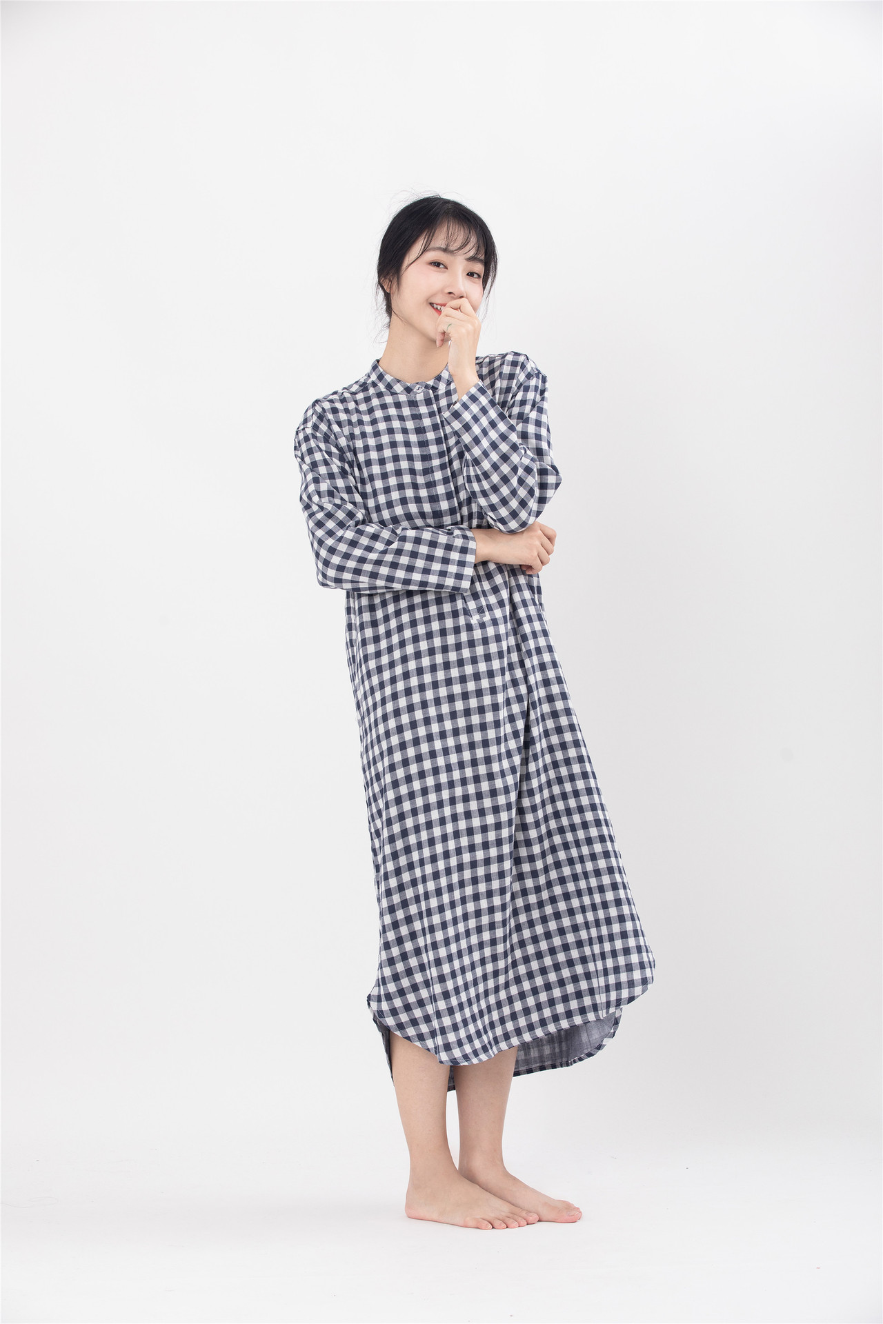 Picture of Double-Layer Gauze Nightgown, Japanese-Style Striped Plaid, All-Cotton Home Dress, Plus Size, Non-See-Through Pajamas, Pure Cotton Fabric, Breathable and Comfortable