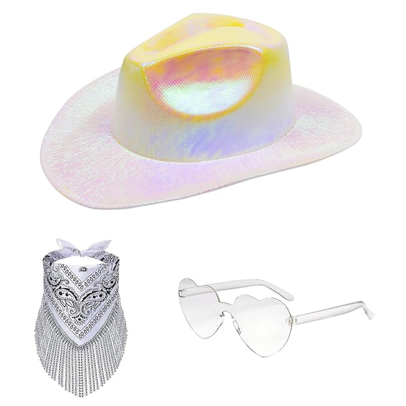 White colorful cowboy hat suit Western Denim white cowboy hat glasses Diamond Strip tassel square scarf three-piece set