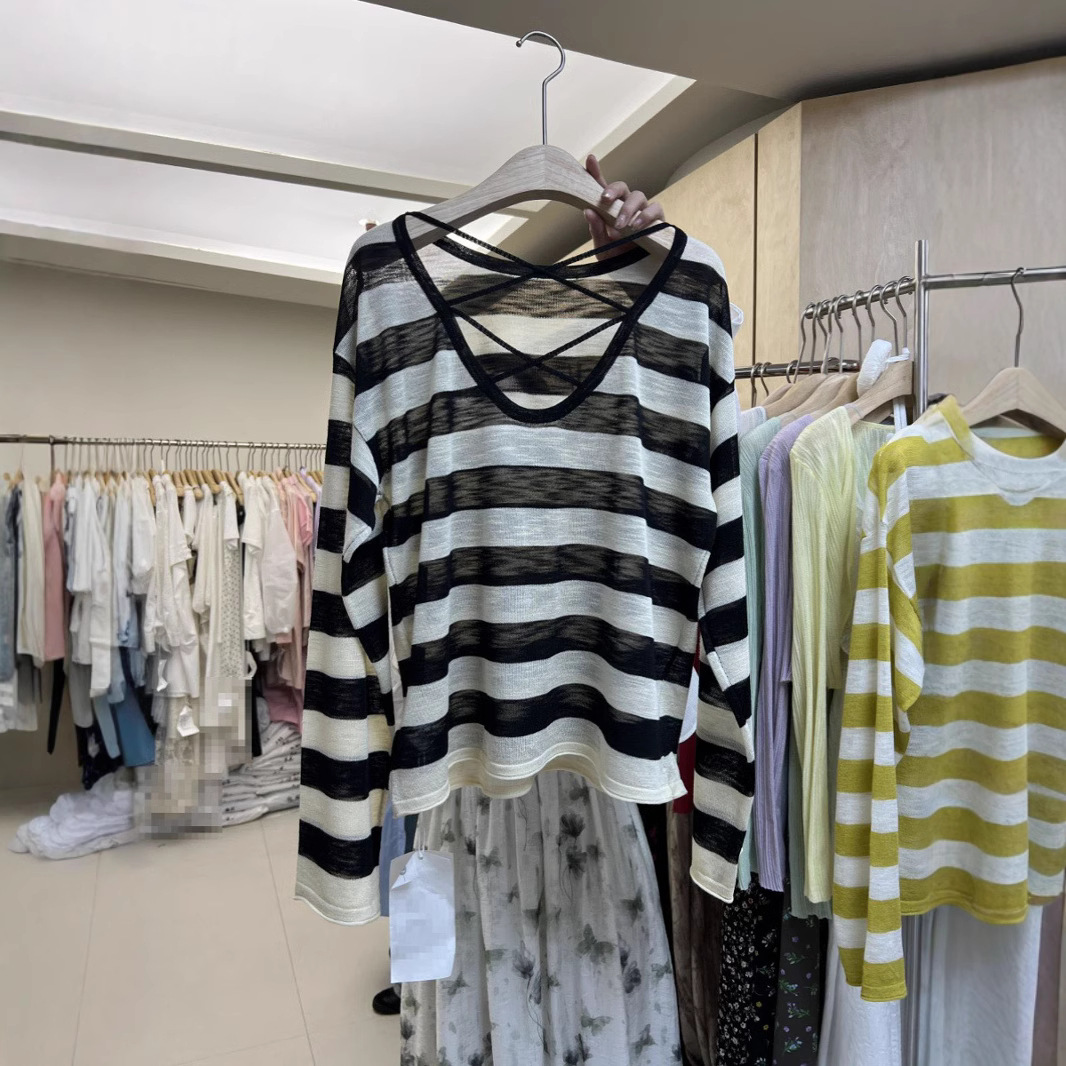 French Striped Ice Silk Knit Top for Women, New Summer Thin Loose Sun-Protective Shirt, Outerwear Long-Sleeve Top
