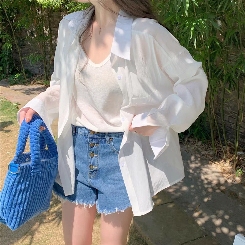 Thin Sun Protection Shirt for Outer Wear, Drapey Tencel Cotton Shirt for Women, White Spring and Summer Korean Style Loose Long-Sleeved Top, Fashionable