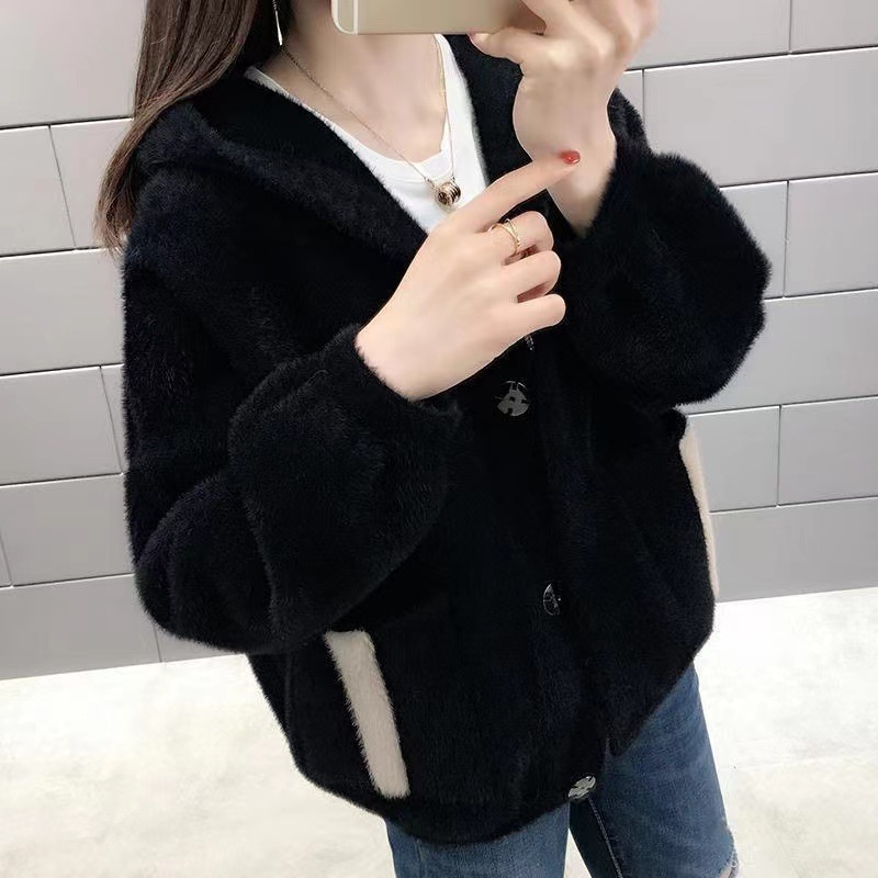 Picture of 2025 New Hooded Mink Velvet Women's Short Outwear Cardigan Autumn and Winter Korean Style Loose and Versatile Sweater Jacket