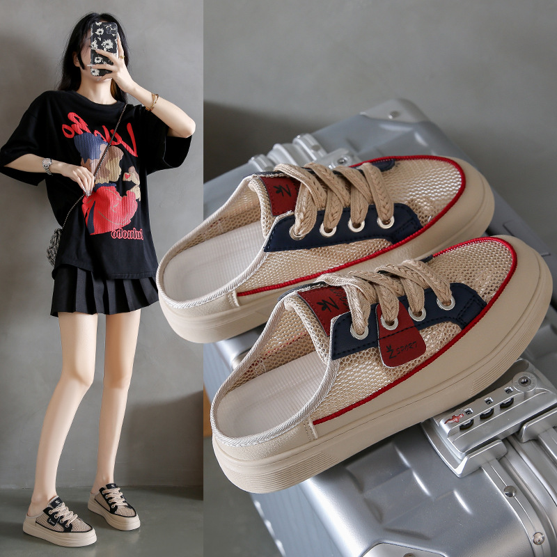 2024 Summer New Ins Korean Style Open-mesh Hollow-out White Shoes Women's Students All-match Casual Half-drag Women's Shoes Trendy Q60