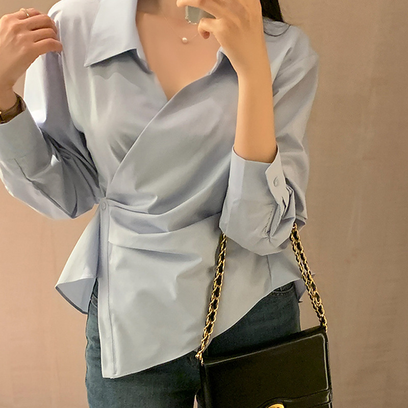 South Korea Chic Spring New Niche Design Irregular One Button Tight Waist Slimming Long Sleeve Shirt Top Women