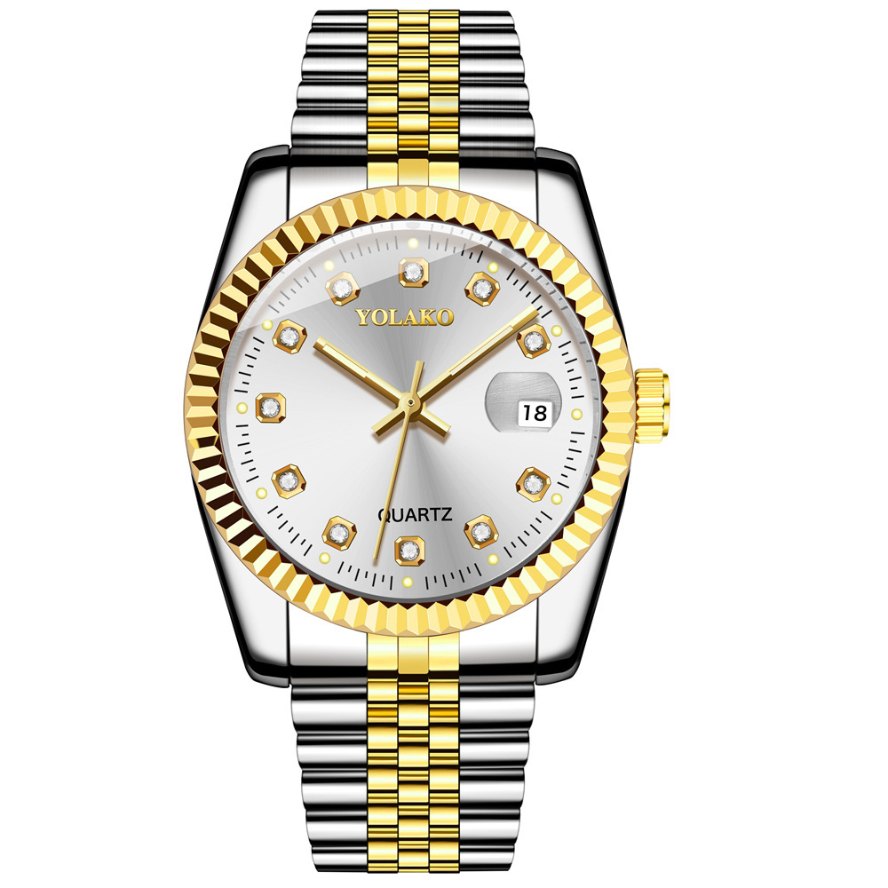 Picture of Diamond Face Steel Band Calendar Watch Women's Simple Casual Student Fashion Quartz Gold suit Men's Watch Couple