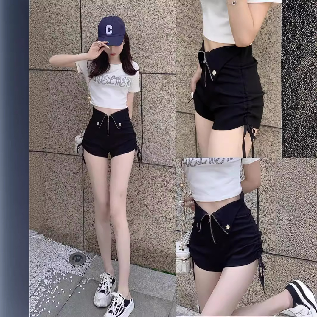 Ultra-high waist drawstring black shorts women's summer hot girl design sense niche small a-Line ultra-short hot pants fashion