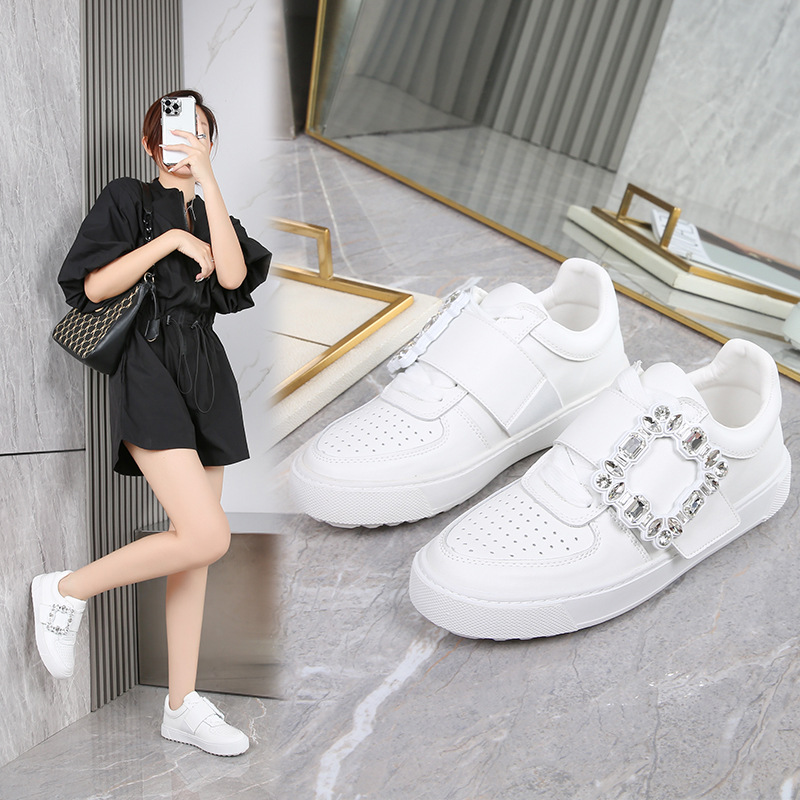 Rhoades New Diamond Buckle Sneakers, Fashionable Casual Shoes, Strappy White Shoes, Genuine Leather Women's Sneakers