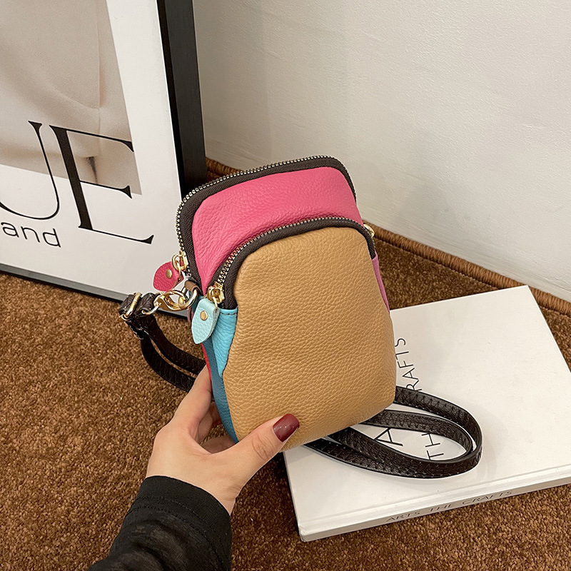 Picture of Genuine Leather Women's Bag 2024 New Fashion Versatile Small Square Bag Spliced Mobile Phone Bag Women's Bag First Layer Cowhide Crossbody Bag