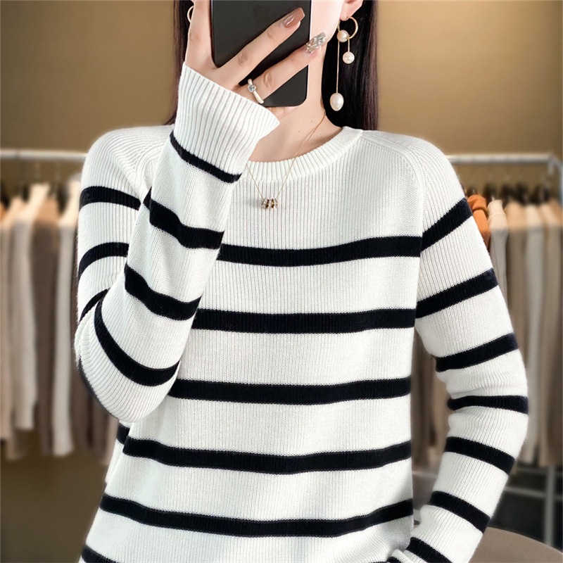 Picture of Striped women's 23 color matching round neck sweater cashmere sweater long sleeve new women's pullover bottoming loose autumn and winter knitted