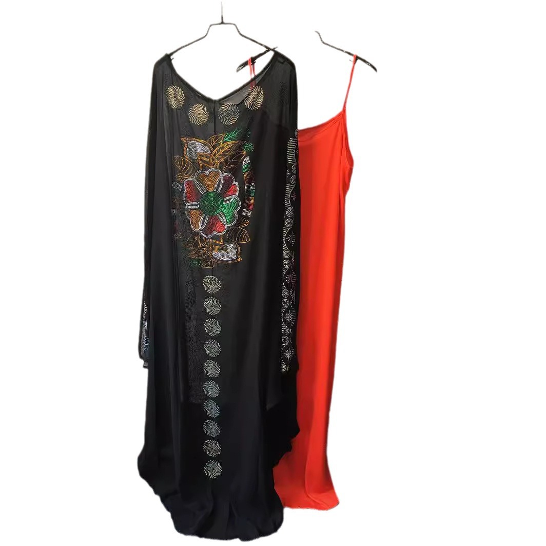 Picture of Cross-border source chiffon heavy-duty drilling large round neck bat sleeve loose and comfortable high-grade robe with orange suspenders
