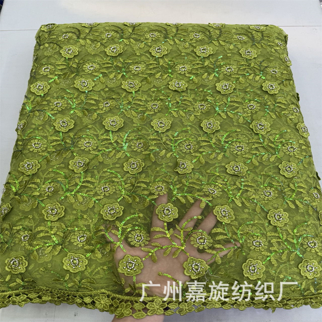 Water-Soluble Embroider Mesh Bottom Sequin Bead Tube Stereo Floating Fabric African Fashion Wedding Dress Polyester Silk Embroider Fabric