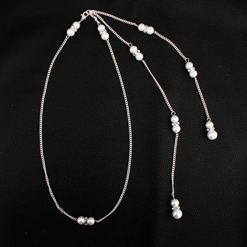 Picture of Beach Holiday Style Sexy Necklace European and American Diamond Body Chain Pearl Pendant Tassel Back Chain Dress Accessories