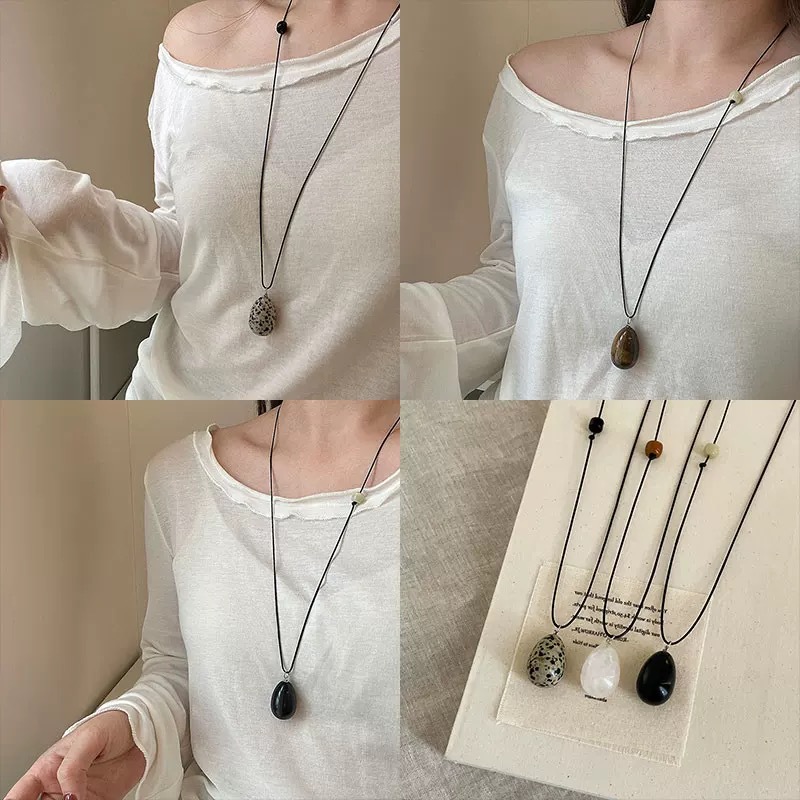 Natural stone black rope water drop pendant necklace women's autumn and winter atmosphere long sweater chain simple temperament versatile accessories