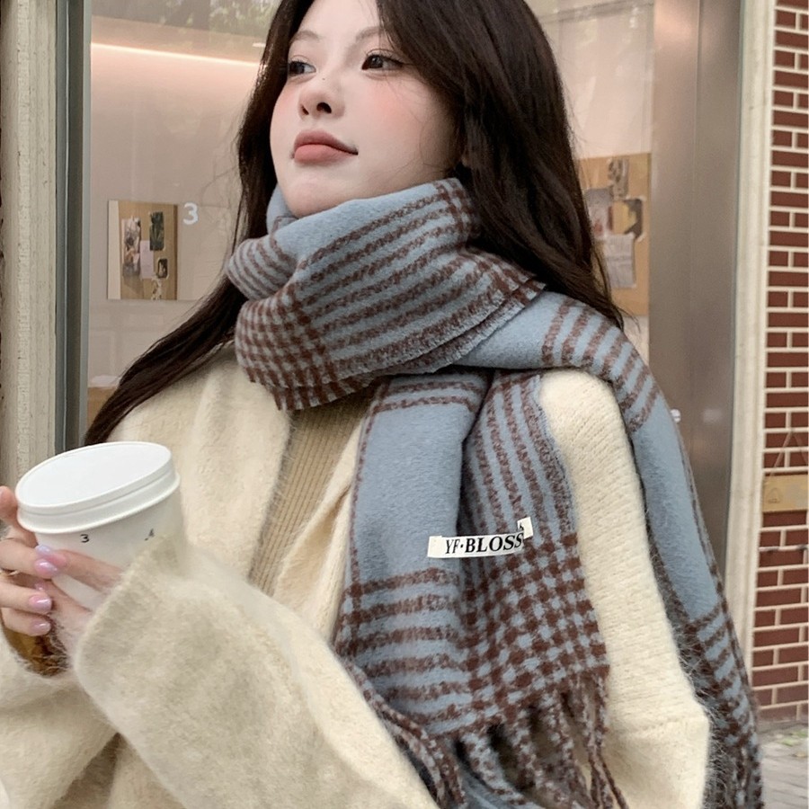 Korean Style Sea Salt Blue White Retro British Plaid Scarf Women's Shawl New Autumn and Winter Couple Warm Scarf