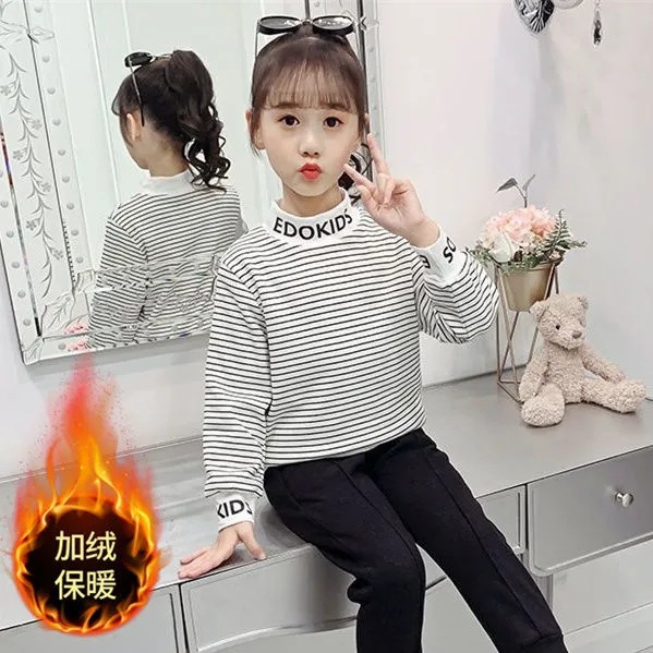 Girls' Fleece-lined Sweater Winter New Base Shirt Children's Thickened High Collar T-shirt Big Children's Autumn and Winter Long Sleeve Top