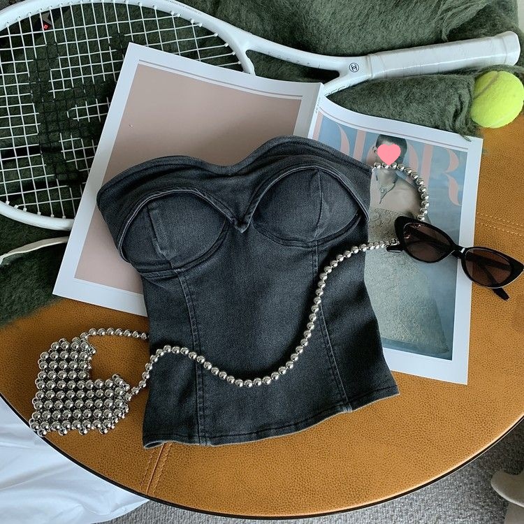 Picture of Fashion hot girl retro color Denim tube top women's summer 2023 new sweet cool all-match off-shoulder navel short top