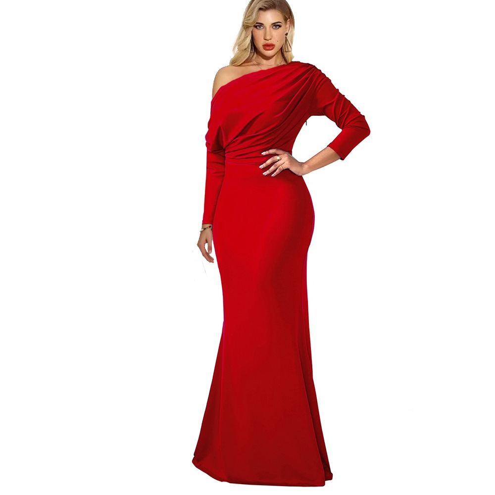 Picture of AliExpress wish Amazon foreign trade new women's European and American pleated dress evening dress long sleeve dress