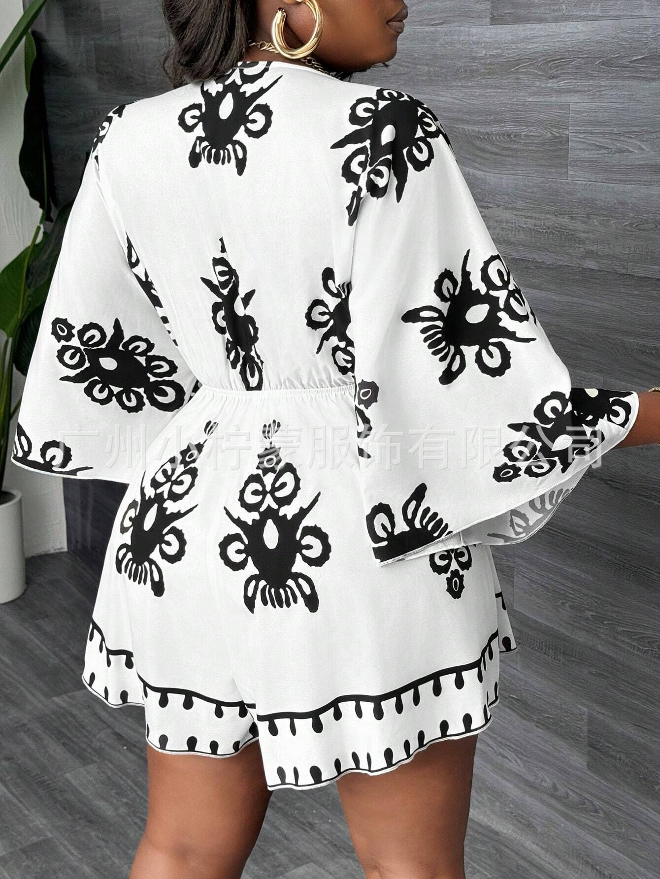 Picture of 2025 European and American Cross-Border Large Size Jumpsuit New Fashion Casual Bell Sleeve Women's V-Neck Print Fashion Sexy