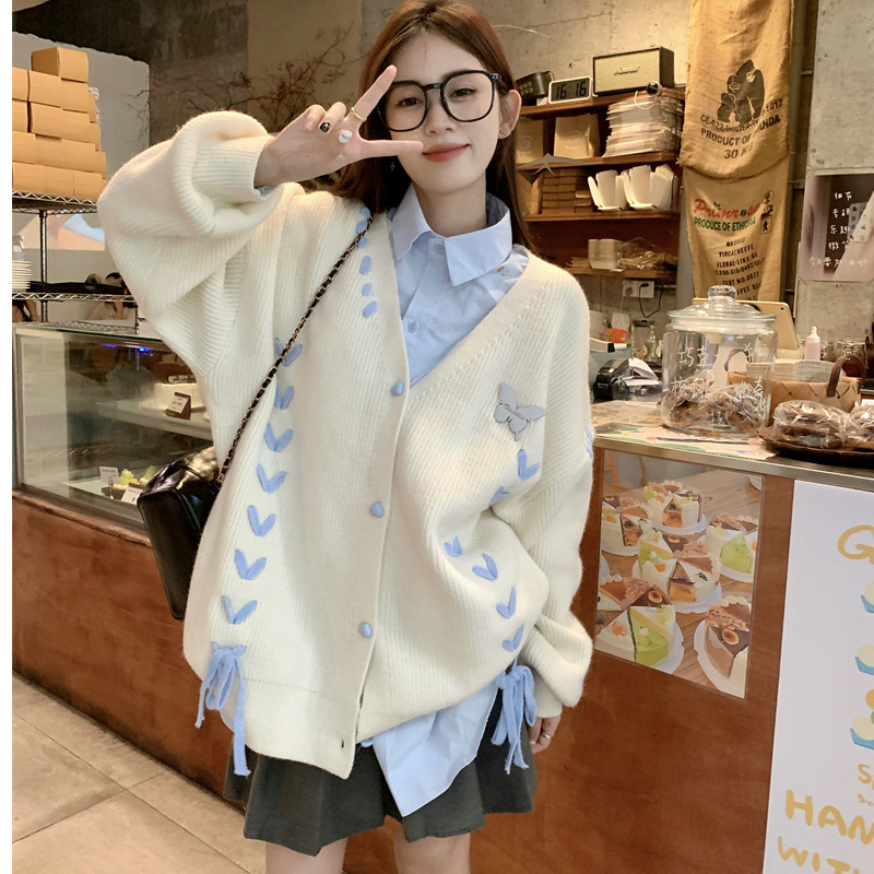 White Lazy Butterfly knitted sweater cardigan women's autumn and winter milk fufu soft glutinous gentle atmosphere coat top